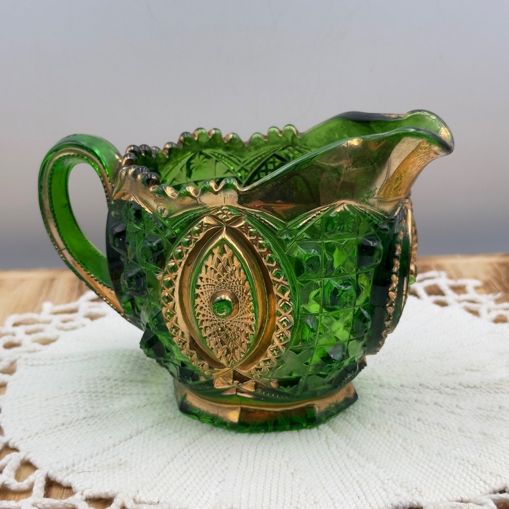 Northwood Memphis Green EAPG Pressed Glass Creamer Dolls Eye Antique 4"